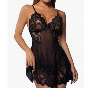 Black Mesh Lace Cami Mini‎ Dress Lingerie Sexy Feminine Babydoll 2 piece Small